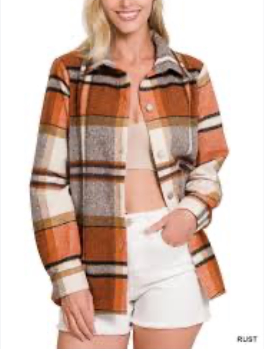Zenana Plaid Button-Up Shacket in Rust & Cream, size large